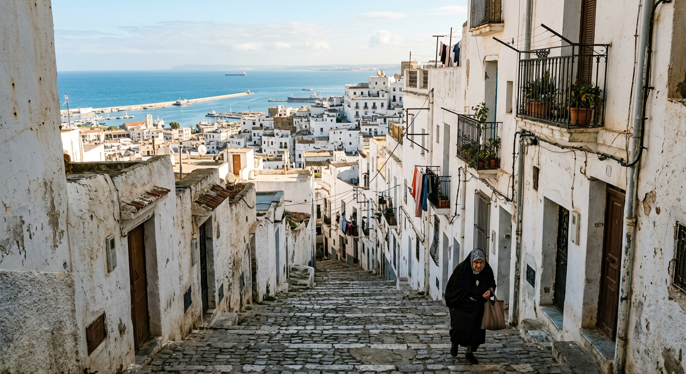 بيوت القصبة البيضاء تطل على البحر الأبيض المتوسط في الجزائر العاصمة